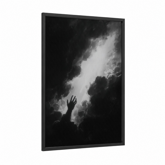 Reaching Light framed christian symbols print — black wood frame — black and white palette