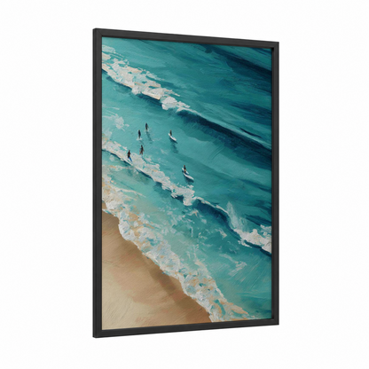 Aerial Surfers framed water surfing print — black wood frame — turquoise and beige palette