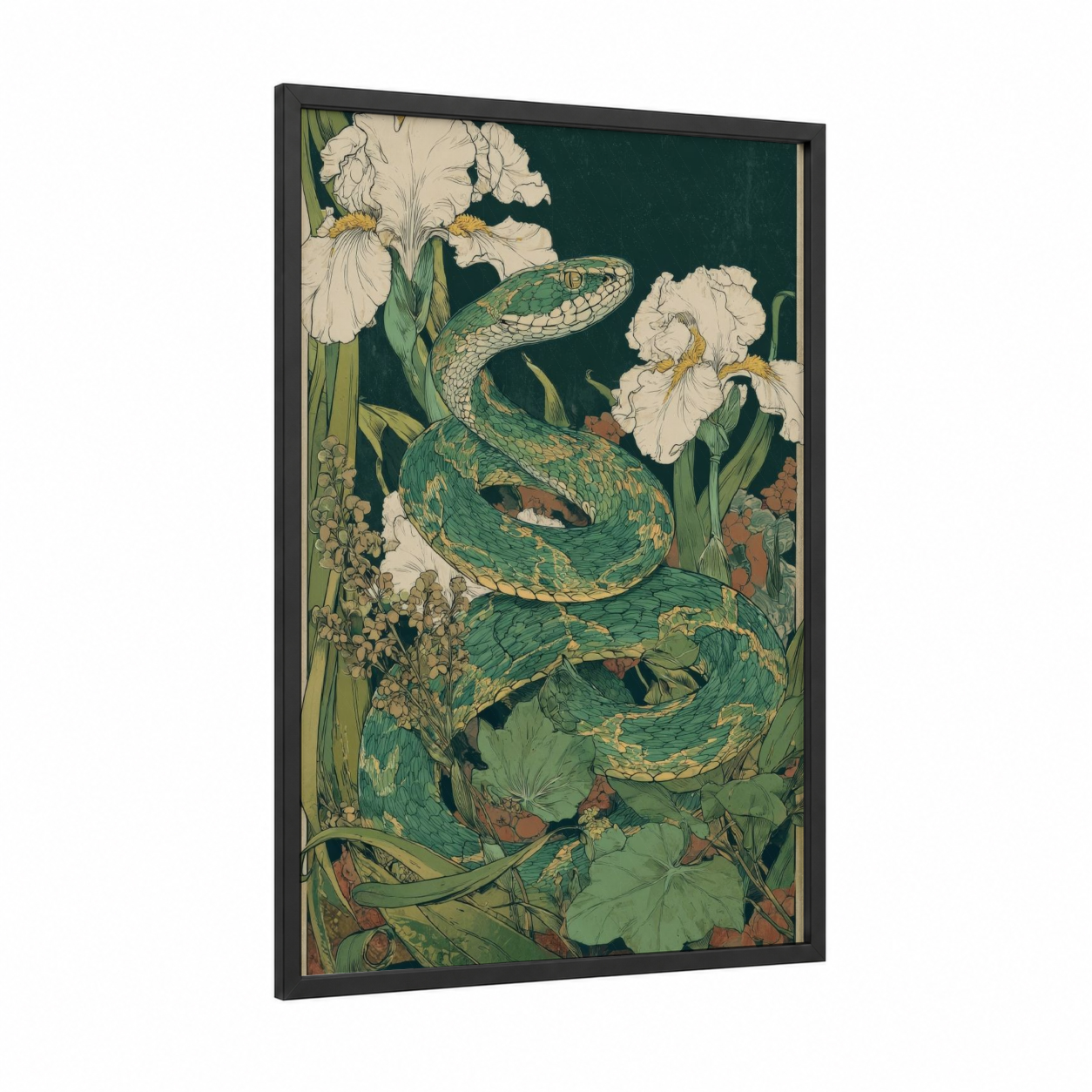Garden Viper framed art print — black wood frame — dark green and cream palette