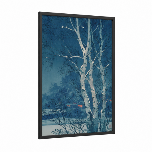 Winter Birch Forest framed birch tree print — black wood frame — blue and white palette