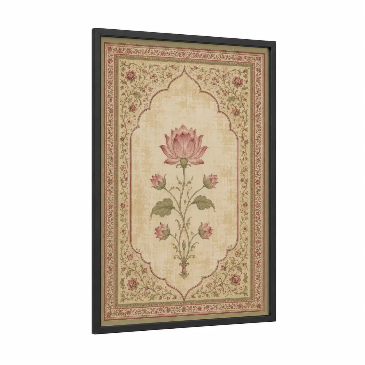 Lotus Blossom Ornamental Border Wall Art framed art print — black wood frame — beige and rose gold palette