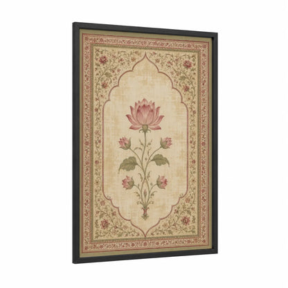 Lotus Blossom Ornamental Border Wall Art framed art print — black wood frame — beige and rose gold palette