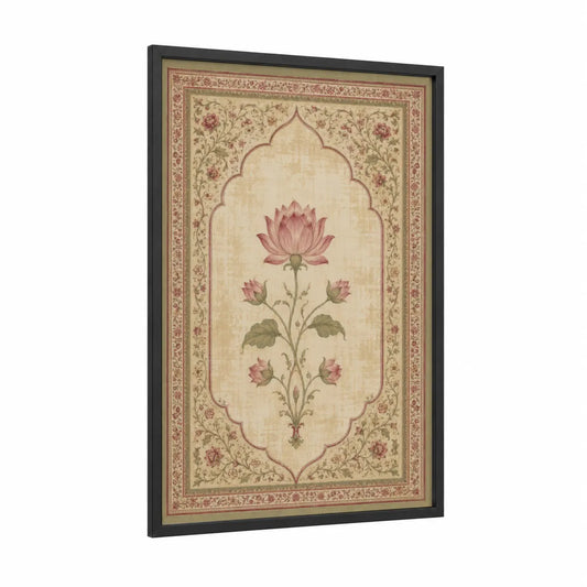 Lotus Blossom Ornamental Border Wall Art framed art print — black wood frame — beige and rose gold palette
