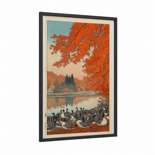 Autumn Ducks framed art print — black wood frame — orange and blue and white palette