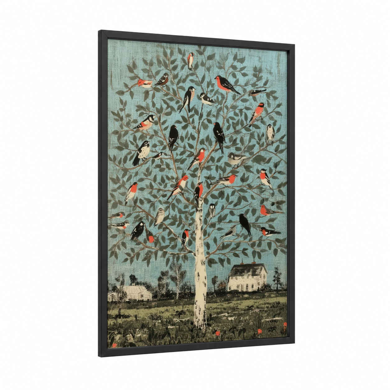 Songbird Tree Garden framed finch print — black wood frame — sage green and cream palette