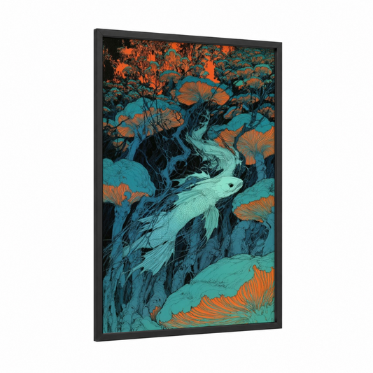 Ethereal Dragon Fish framed art print — black wood frame — teal and orange palette