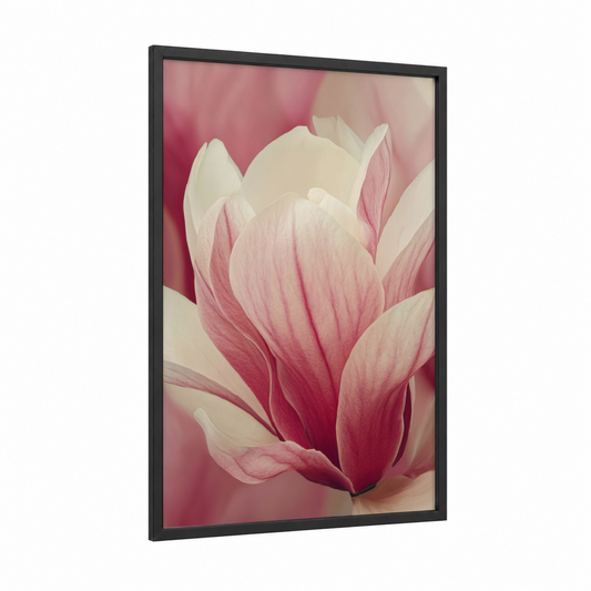 Blushing Magnolia framed art print — black wood frame — pink and cream palette