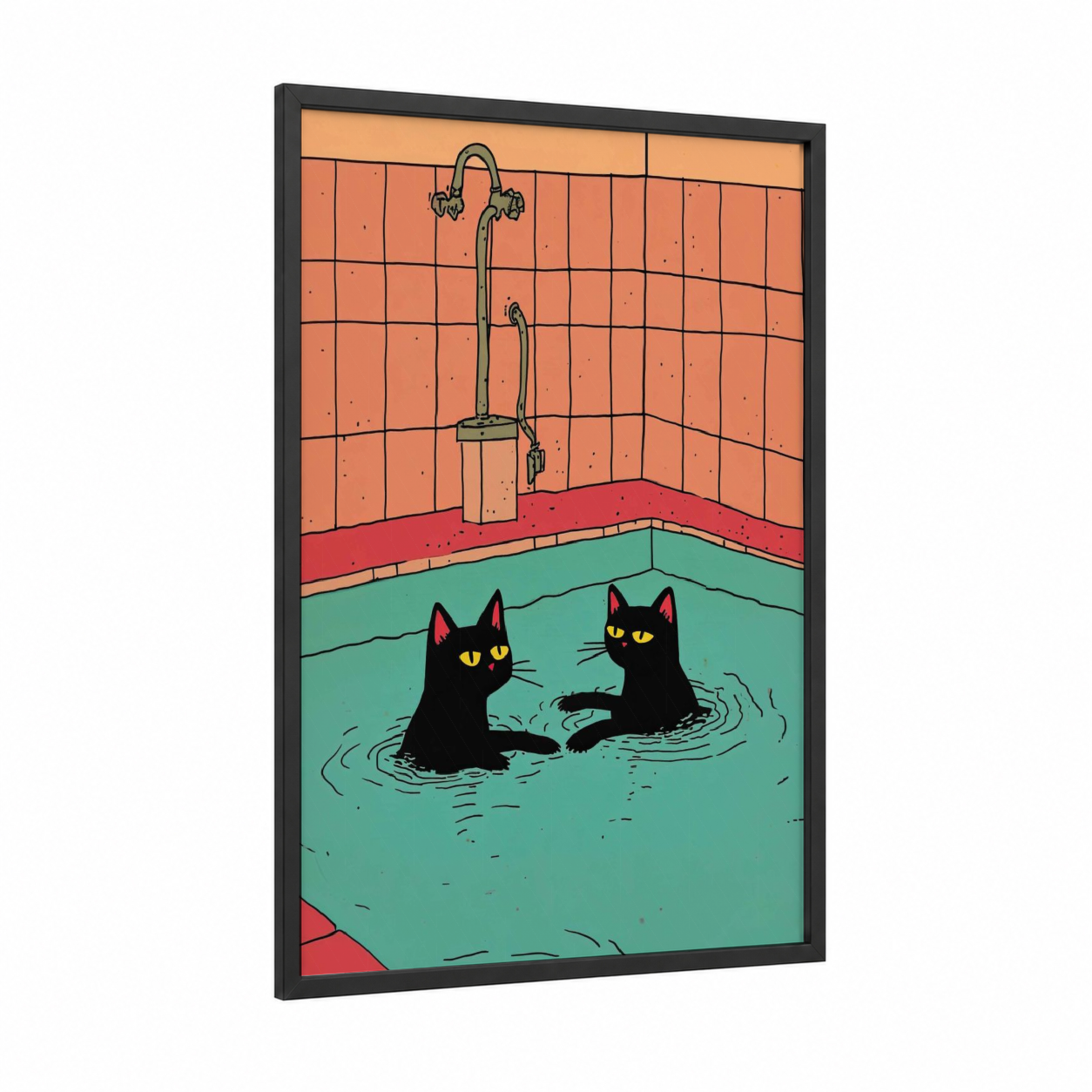 Bathing Cats framed art print — black wood frame — turquoise and orange palette