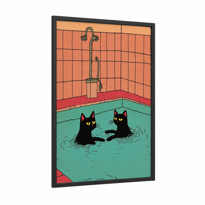 Bathing Cats framed art print — black wood frame — turquoise and orange palette