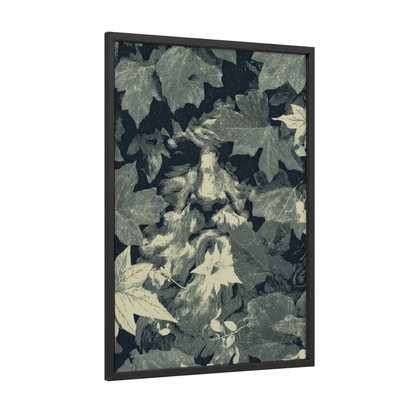 Bearded Mystic framed wiccan print — black wood frame — black and white and gray palette