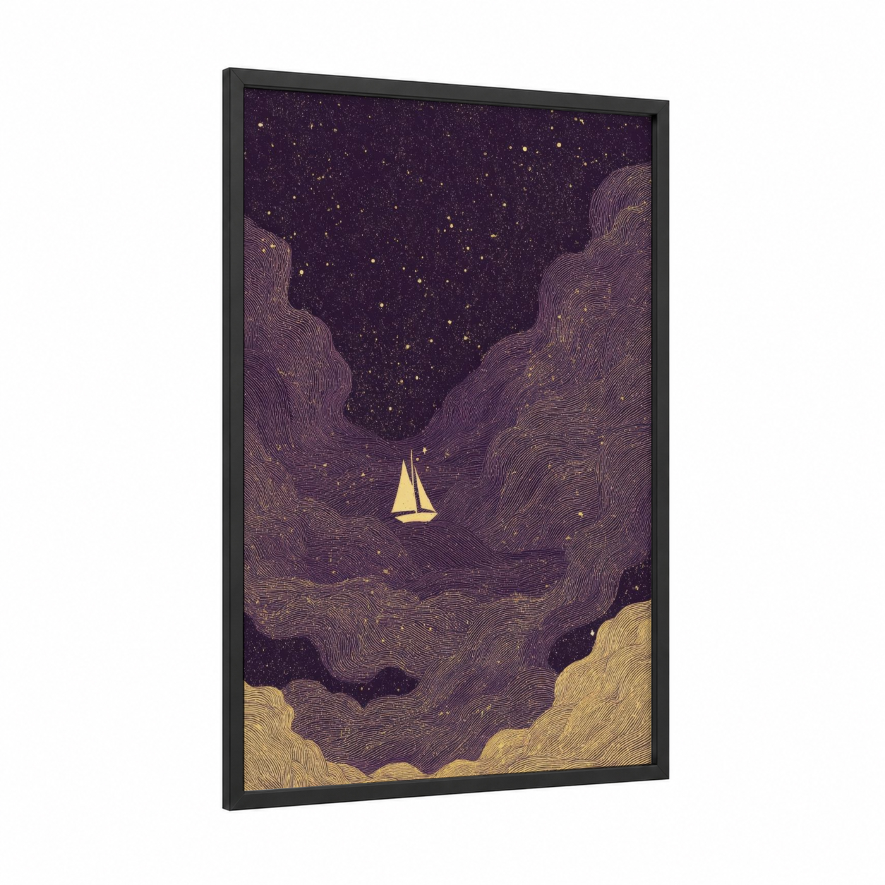 Starlit Sailboat framed sailing print — black wood frame — gold and purple palette