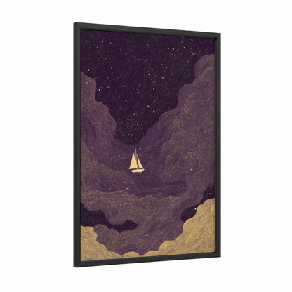 Starlit Sailboat framed sailing print — black wood frame — gold and purple palette