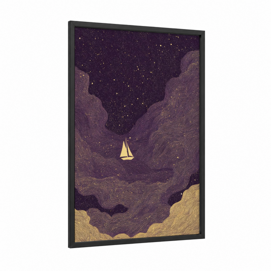 Starlit Sailboat framed sailing print — black wood frame — gold and purple palette