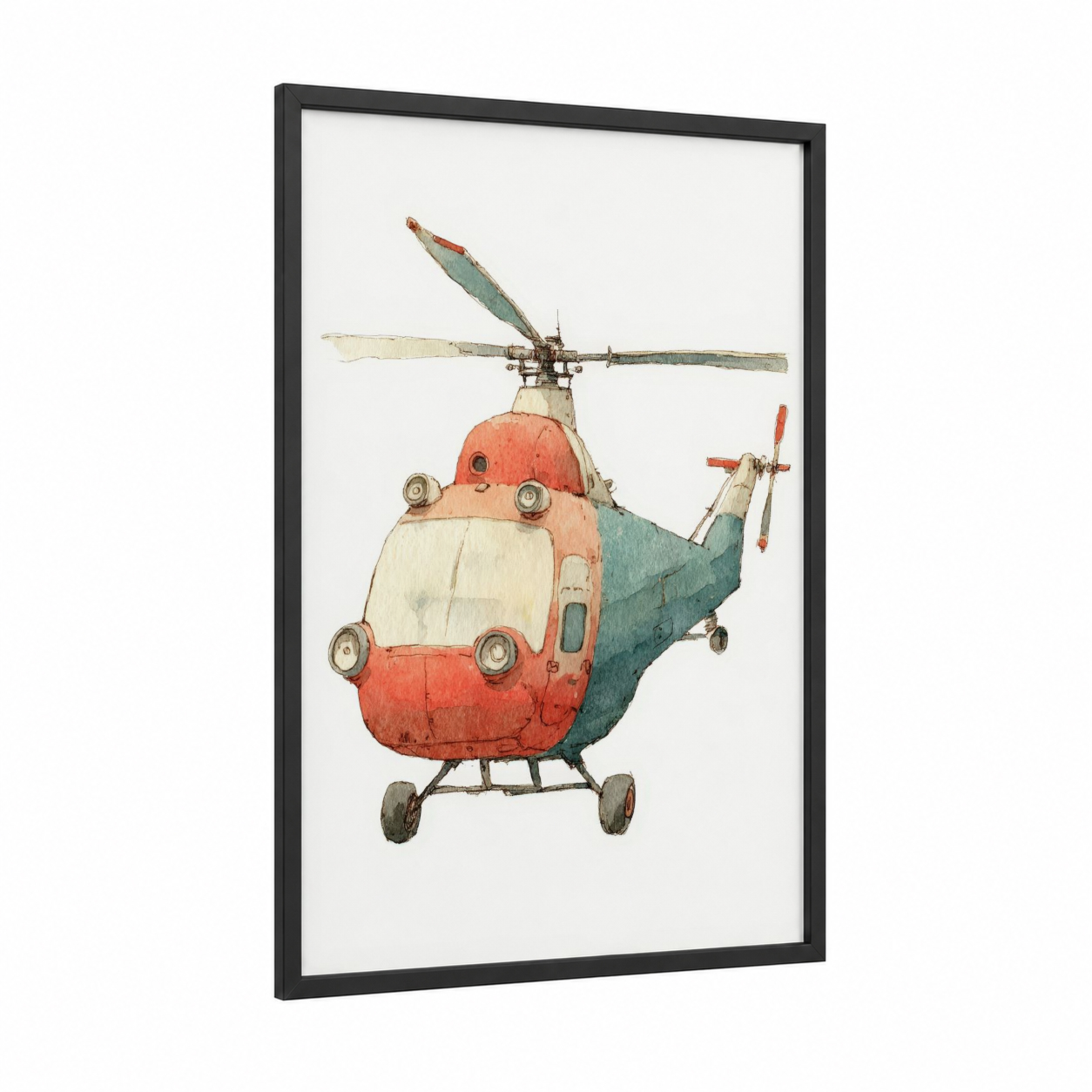 Vintage Helicopter framed art print — black wood frame — cream palette