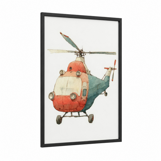 Vintage Helicopter framed art print — black wood frame — cream palette