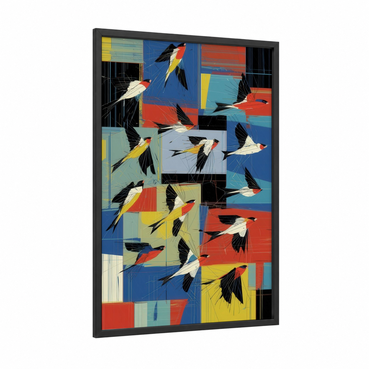 Geometric Finches framed art print — black wood frame — blue and yellow and red palette