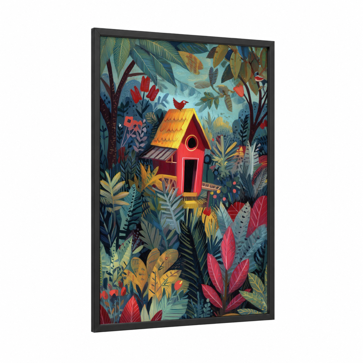 Garden Birdhouse framed chicken and roosters print — black wood frame — red and gold palette