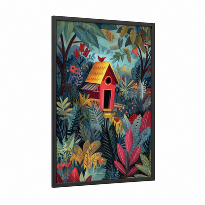 Garden Birdhouse framed chicken and roosters print — black wood frame — red and gold palette
