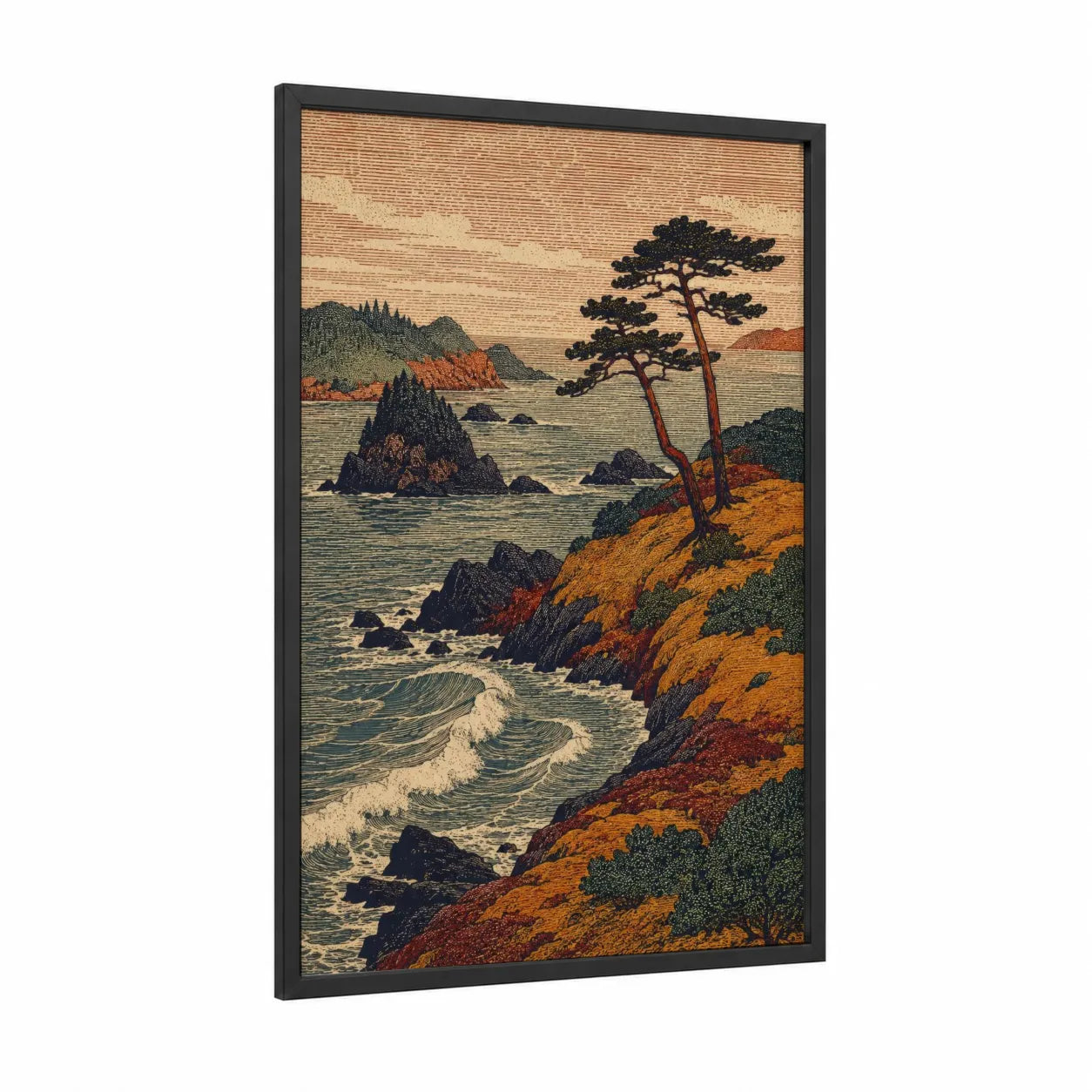 Japanese Coastal Landscape Wall Art framed seascapes and ocean print — black wood frame — orange and teal palette