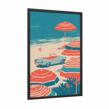Vintage Beach Celebration framed 4th of july print — black wood frame — teal and salmon pink palette