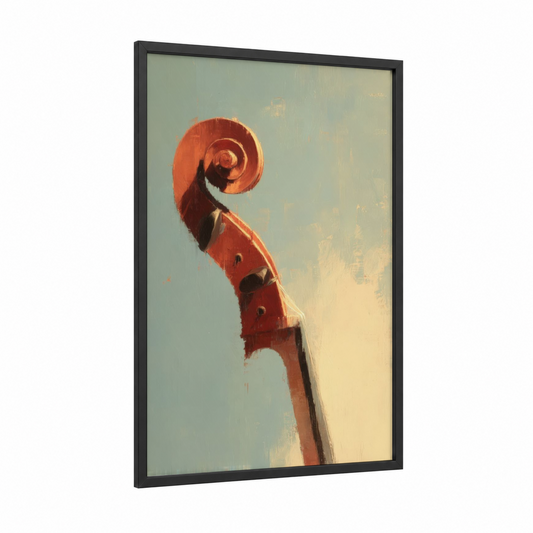 Crimson Cello framed art print — black wood frame — red and gold palette