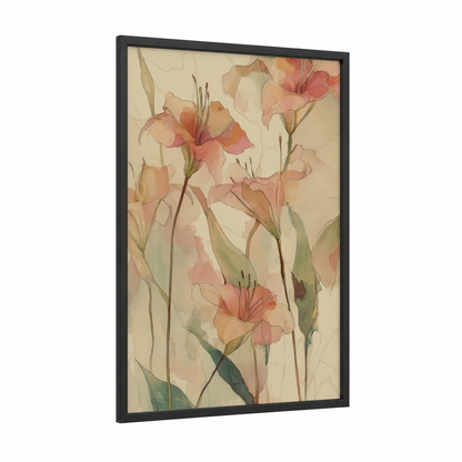 Soft Lilies framed lily print — black wood frame — peach and cream palette