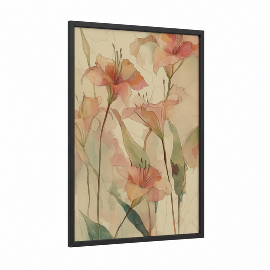 Soft Lilies framed lily print — black wood frame — peach and cream palette
