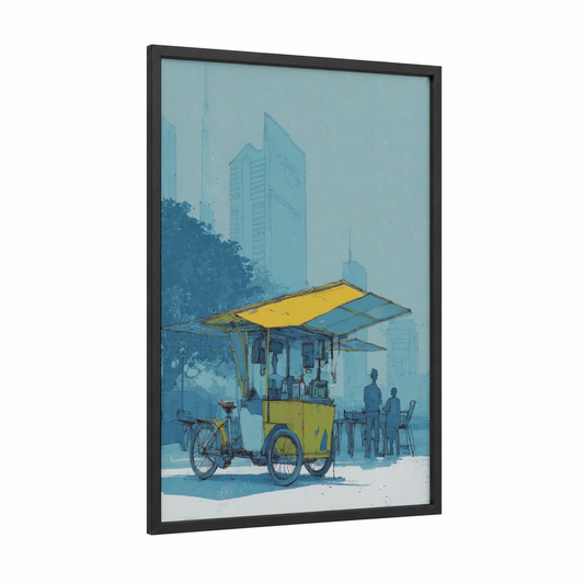 Urban Rickshaw framed art print — black wood frame — blue and yellow gold palette