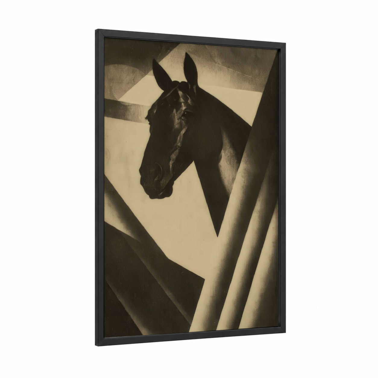 Silhouette Thoroughbred framed thoroughbred horse print — black wood frame — black and white and cream palette