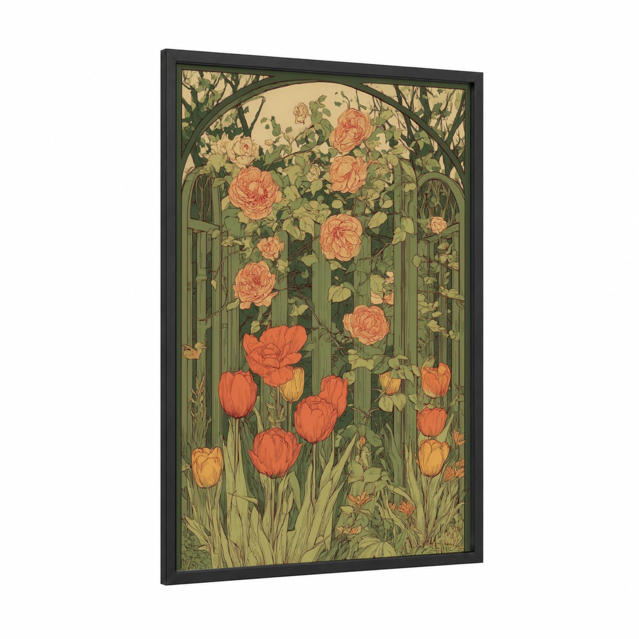 Garden Gate Spring framed art print — black wood frame — peach and sage green palette