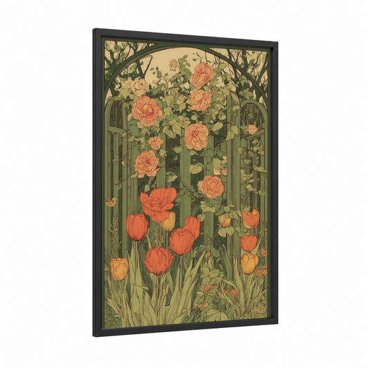 Garden Gate Spring framed art print — black wood frame — peach and sage green palette