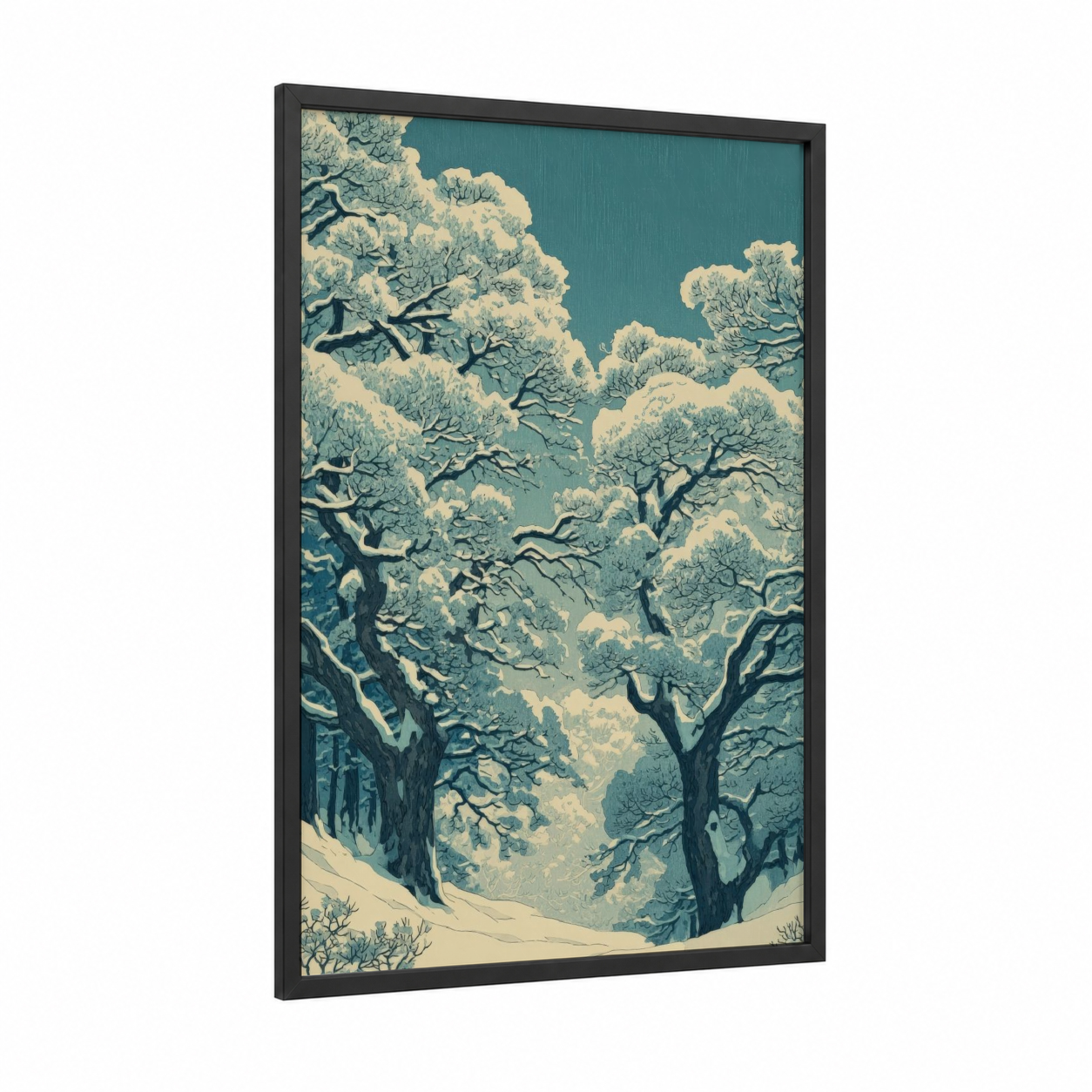 Snowy Oak Forest framed art print — black wood frame — teal and cream palette