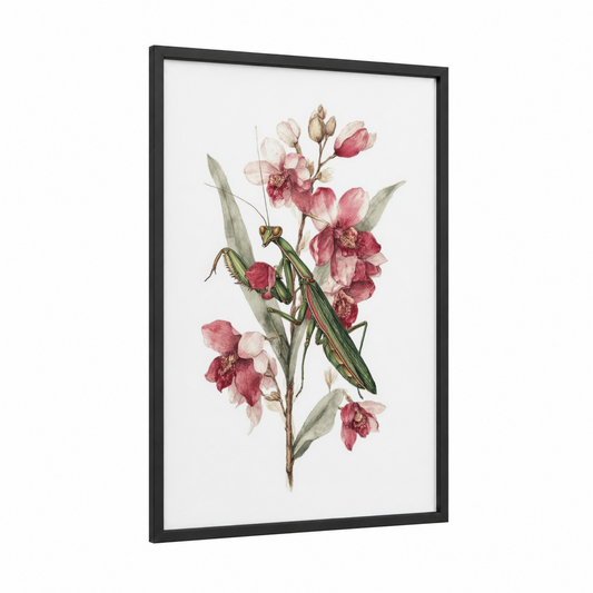 Mantis Botanical framed prayin mantis print — black wood frame — pink and light green palette