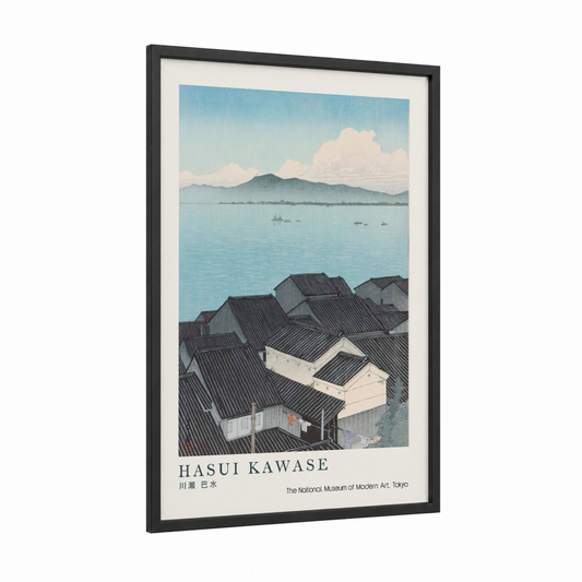Coastal Japanese Village framed beach town print — black wood frame — blue and teal palette