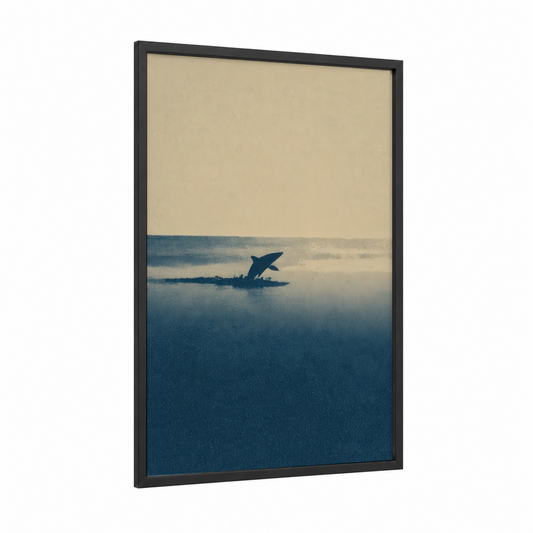 Basking Shark Breach framed art print — black wood frame — dark blue and cream palette