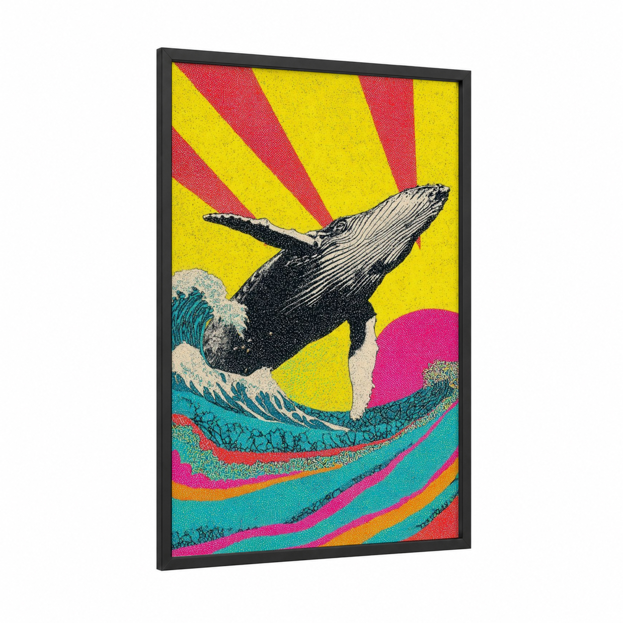Humpback Sunrise framed gray whale print — black wood frame — yellow gold and magenta palette