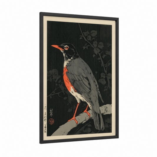 Red-Crowned Thrush framed art print — black wood frame — black and red palette
