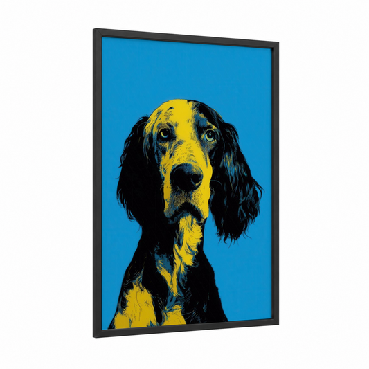Yellow Setter Portrait framed art print — black wood frame — blue and yellow gold palette