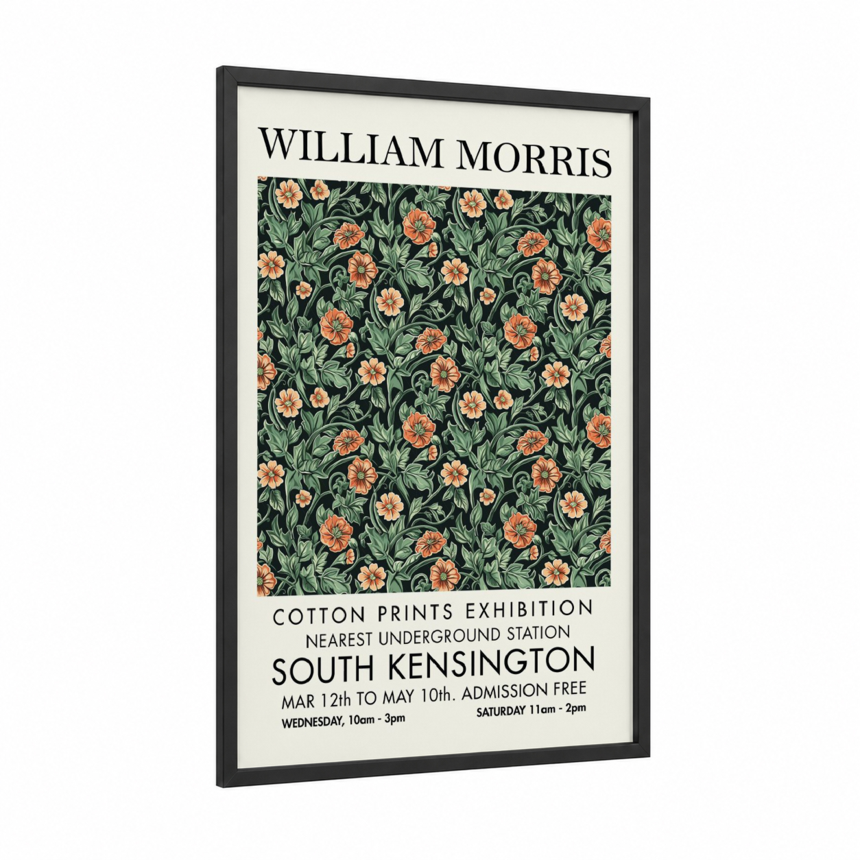 Orange Floral Morris framed abstract flower print — black wood frame — dark green and peach palette