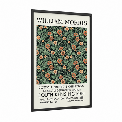 Orange Floral Morris framed abstract flower print — black wood frame — dark green and peach palette
