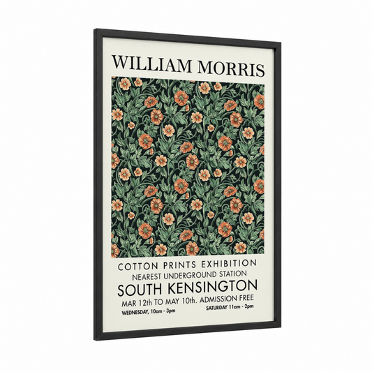 Orange Floral Morris framed abstract flower print — black wood frame — dark green and peach palette