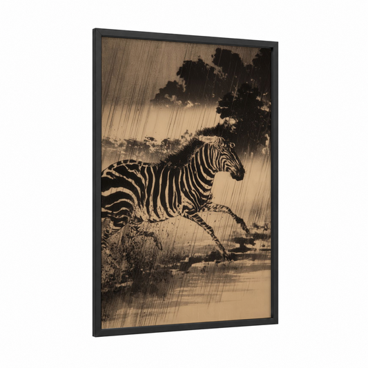 Stormy Zebra framed art print — black wood frame — black and white and nobel palette