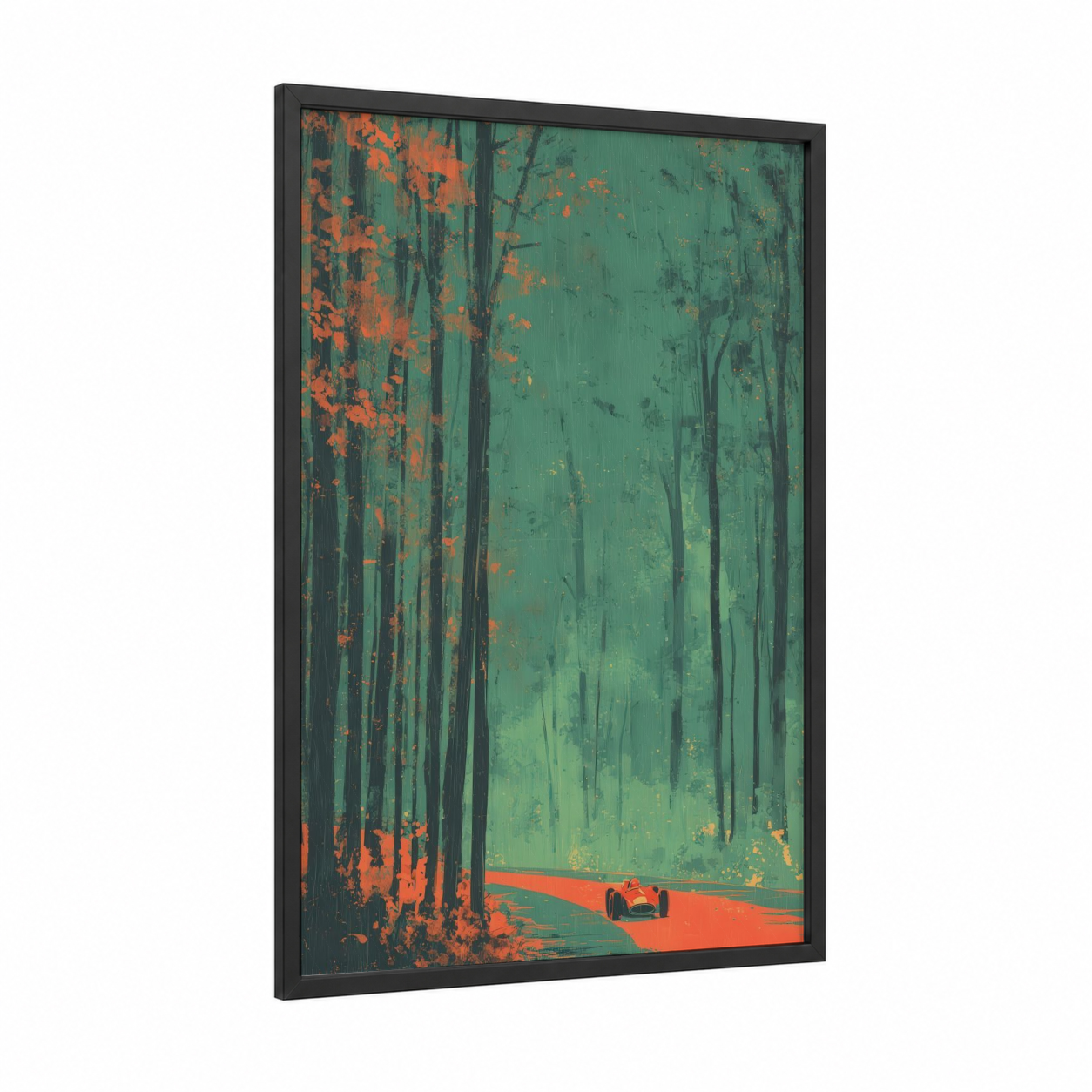 Crimson Track Racer framed auto racing print — black wood frame — red and dark green palette
