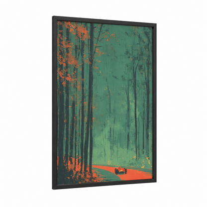Crimson Track Racer framed auto racing print — black wood frame — red and dark green palette