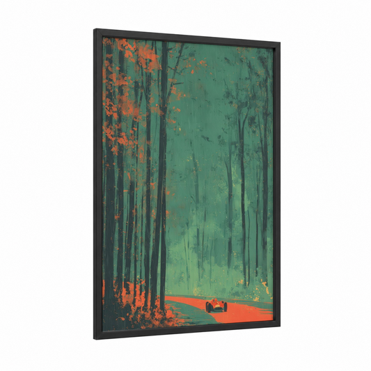 Crimson Track Racer framed auto racing print — black wood frame — red and dark green palette