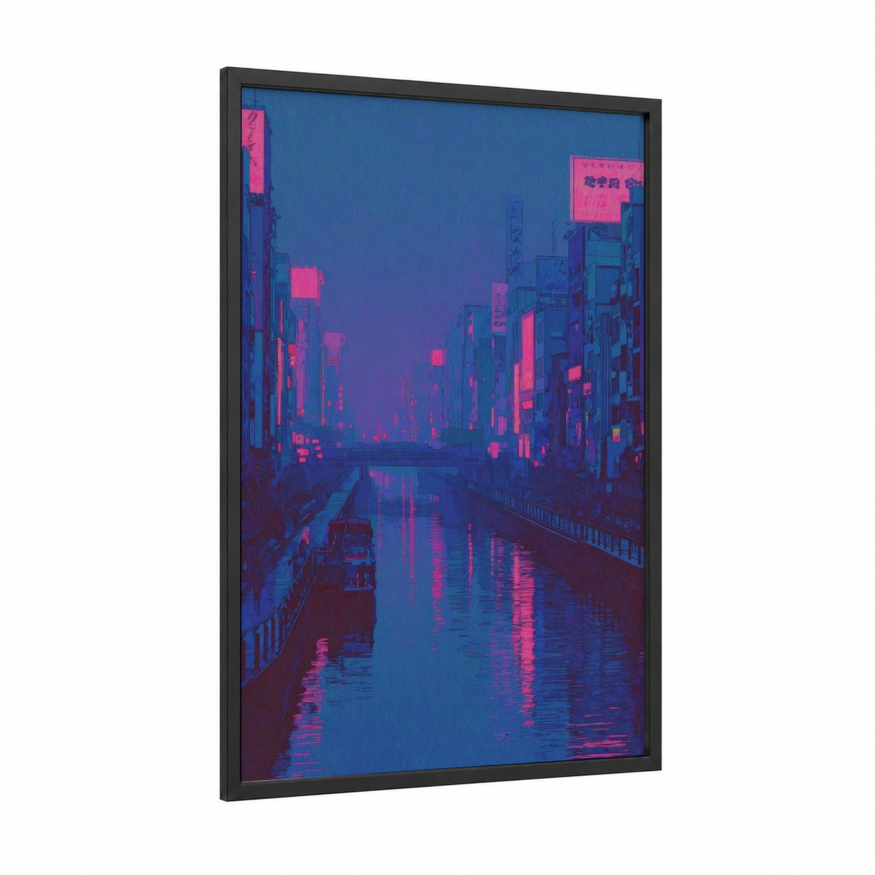 Neon Canal framed art print — black wood frame — blue and magenta palette
