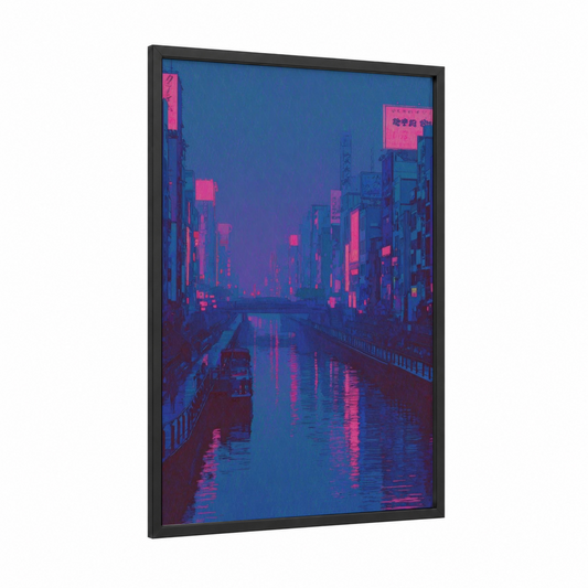 Neon Canal framed art print — black wood frame — blue and magenta palette