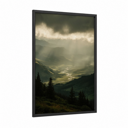 Misty River Valley framed rivers print — black wood frame — gray and green palette