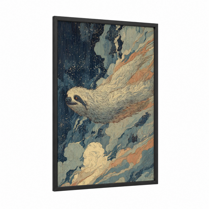 Celestial Sloth framed art print — black wood frame — dark blue and cream palette