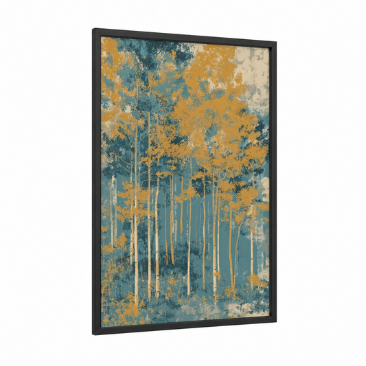 Golden Aspen Forest framed art print — black wood frame — gold and teal palette